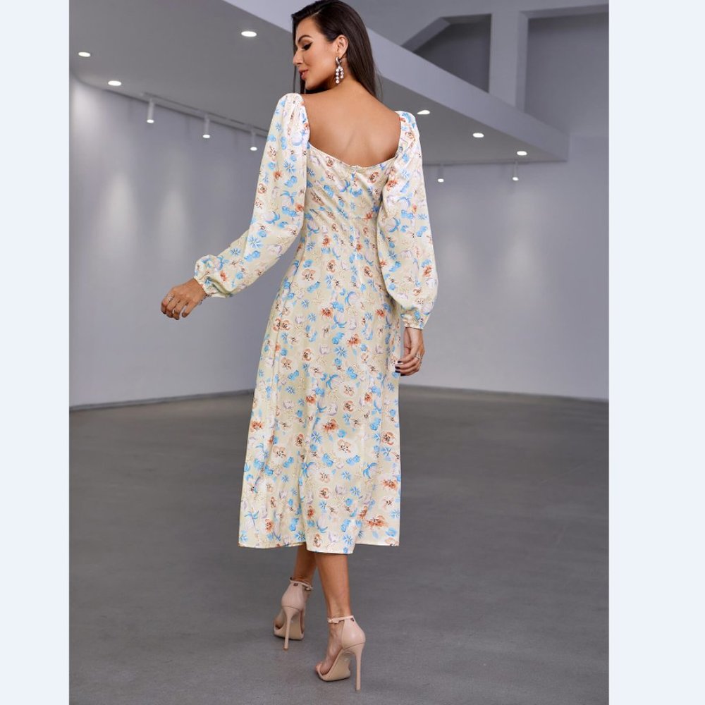 Floral Tie Front Square Neck Split Midi Dress - Picture 2 of 5